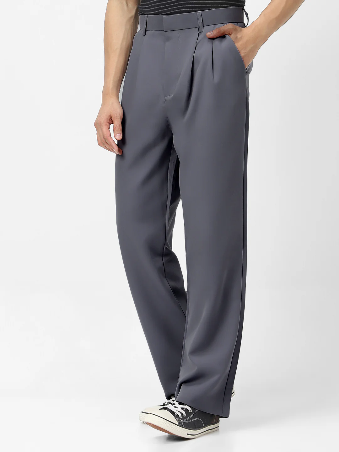 Men's Medium Grey Loose Baggy Fit Solid Korean Pants Stretchable - Image 3
