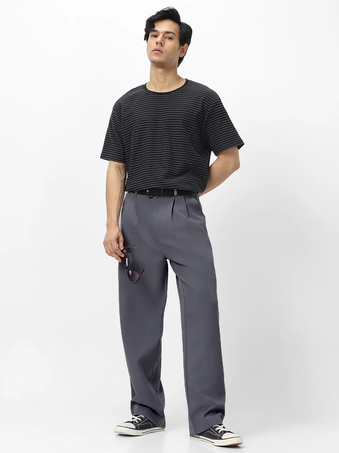 Men's Medium Grey Loose Baggy Fit Solid Korean Pants Stretchable - Image 5