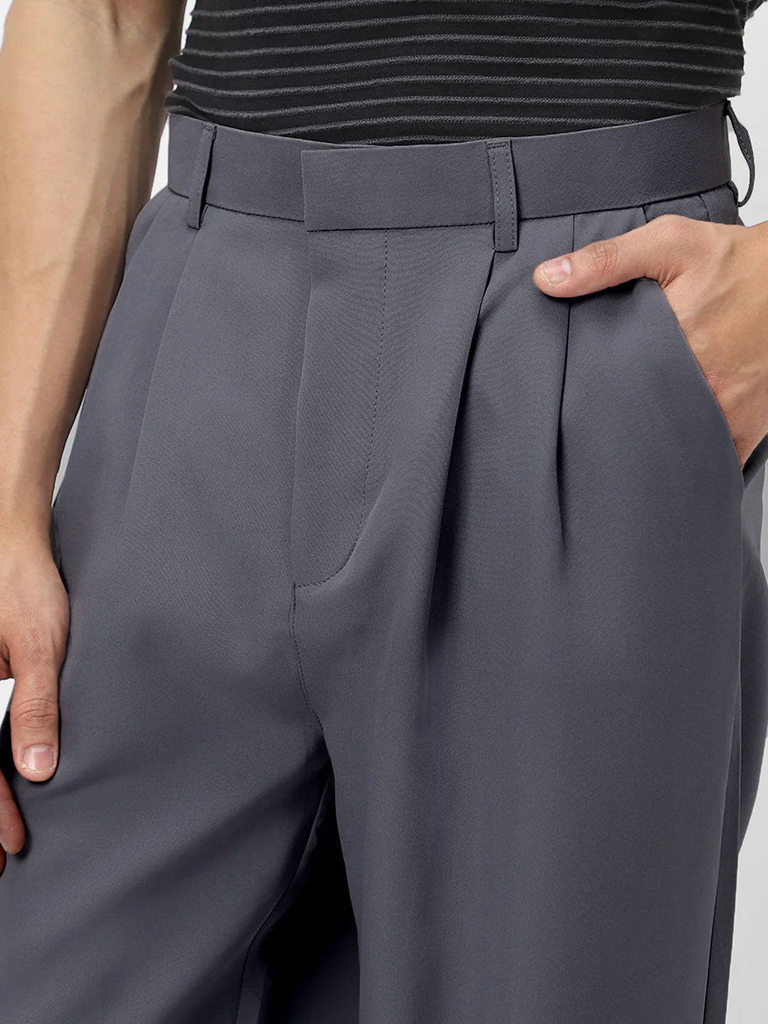 Men's Medium Grey Loose Baggy Fit Solid Korean Pants Stretchable - Image 6