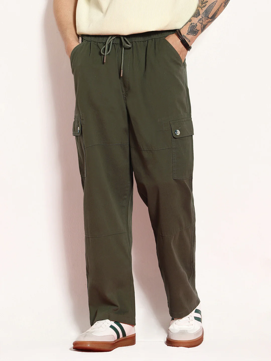 Men's Medium Olive Loose Baggy Fit Cargo Jogger Chino Pant with 6 Pockets Stretchable - Image 2