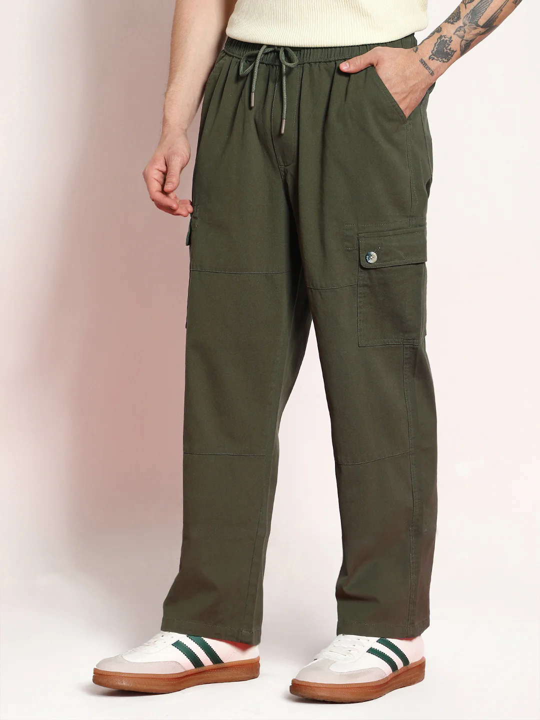 Men's Medium Olive Loose Baggy Fit Cargo Jogger Chino Pant with 6 Pockets Stretchable - Image 3