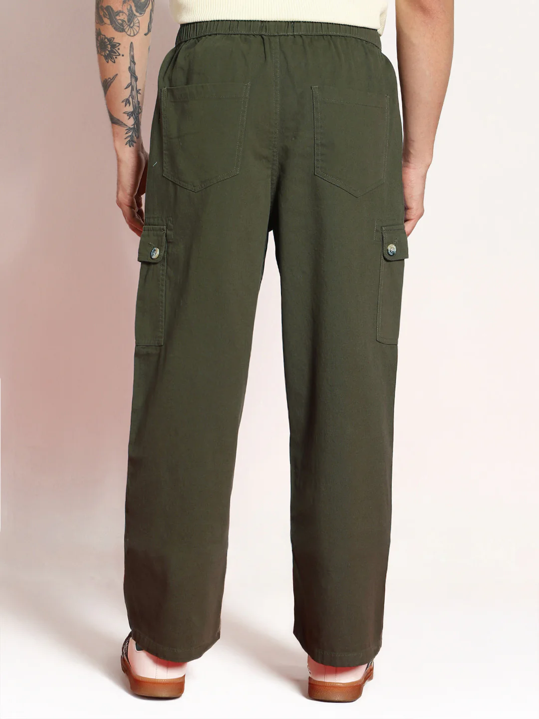 Men's Medium Olive Loose Baggy Fit Cargo Jogger Chino Pant with 6 Pockets Stretchable - Image 4