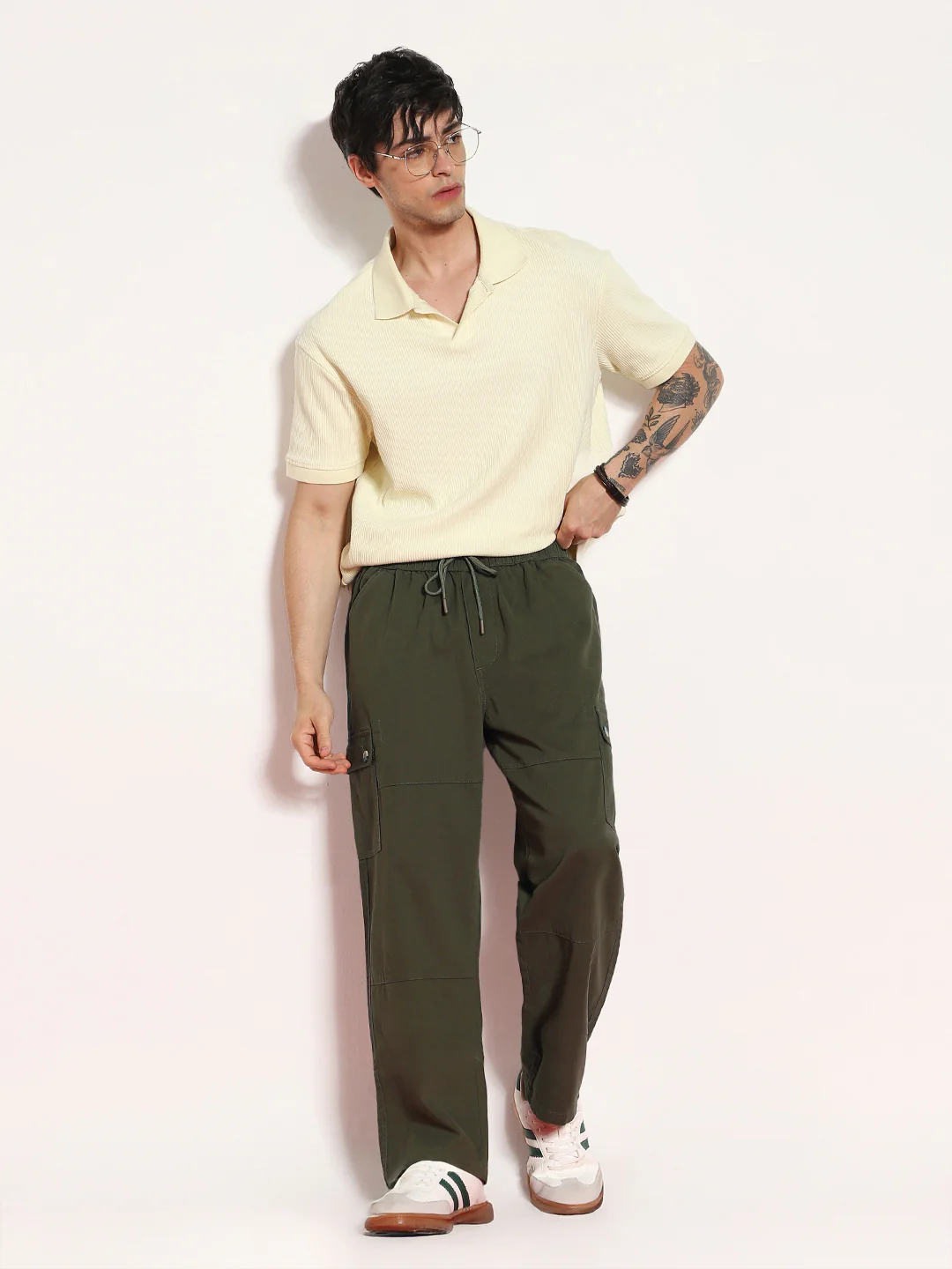 Men's Medium Olive Loose Baggy Fit Cargo Jogger Chino Pant with 6 Pockets Stretchable - Image 5