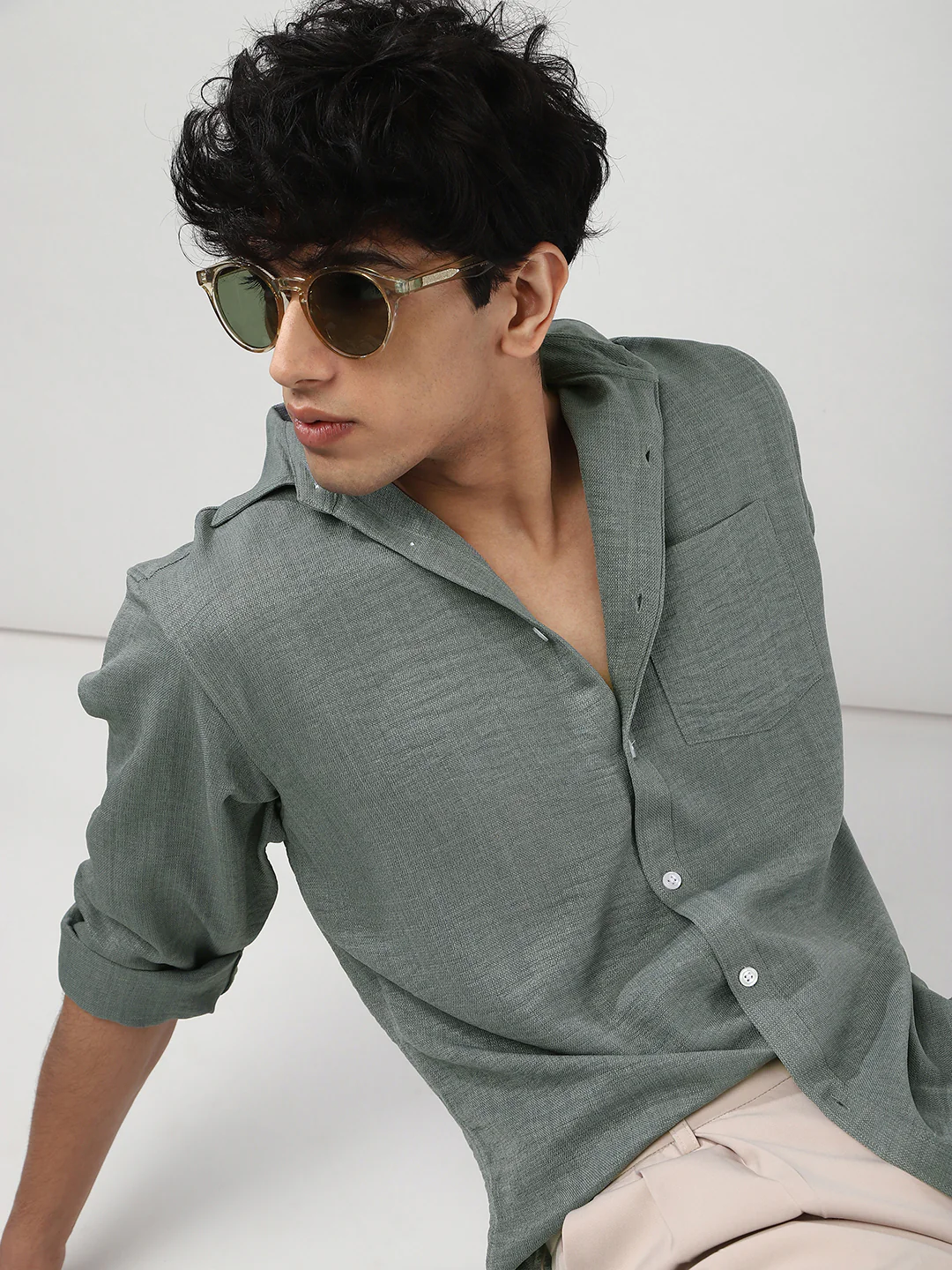 Men's Metallic Blue Linen Blend Full Sleeve Relaxed Fit Casual Solid Shirt