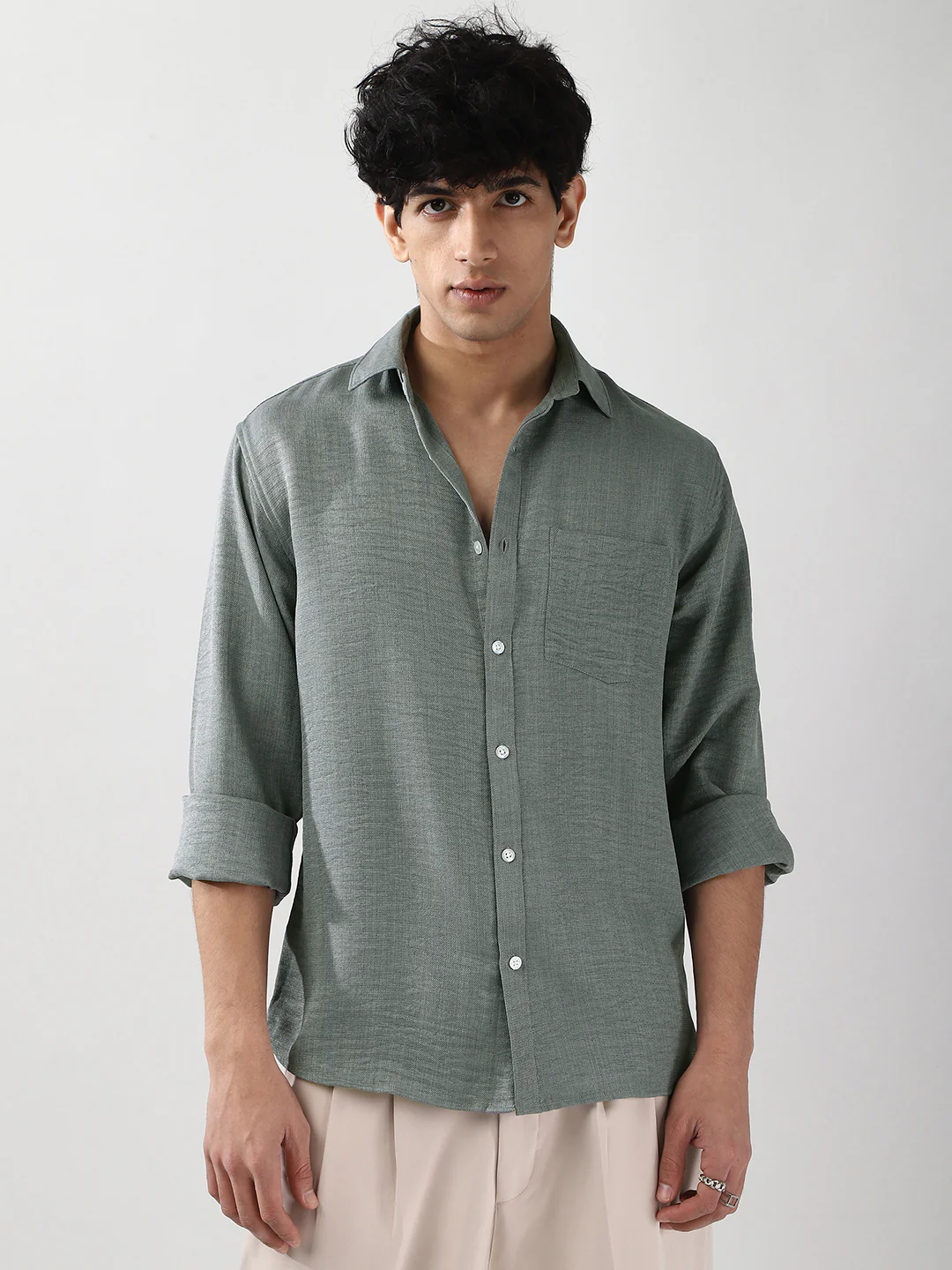 Men's Metallic Blue Linen Blend Full Sleeve Relaxed Fit Casual Solid Shirt - Image 2