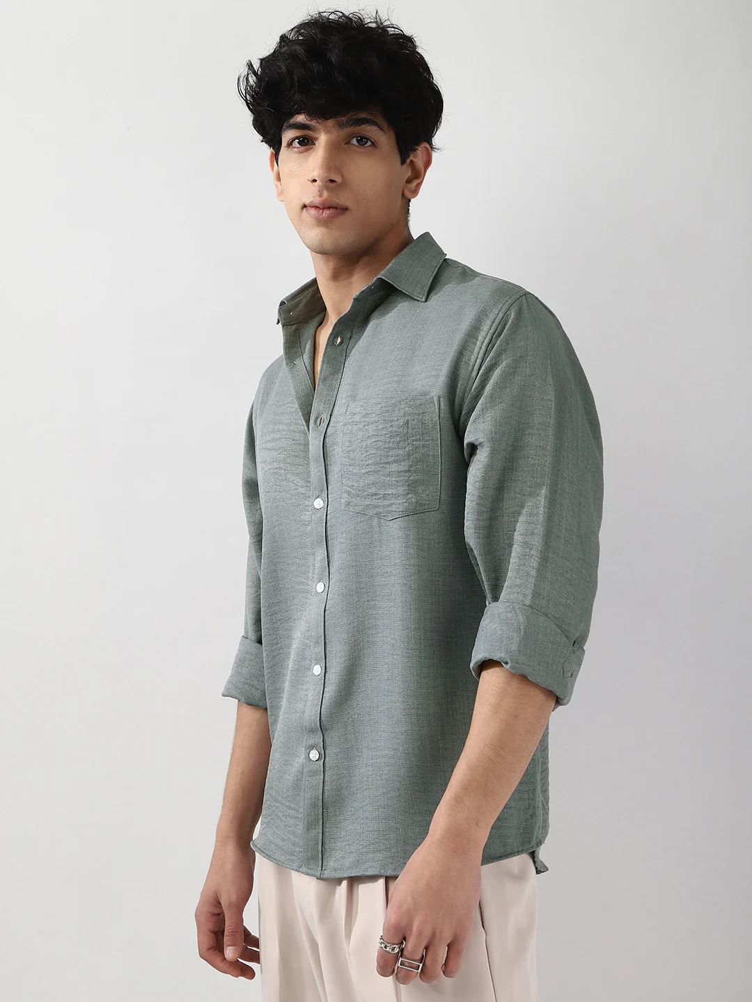 Men's Metallic Blue Linen Blend Full Sleeve Relaxed Fit Casual Solid Shirt - Image 3