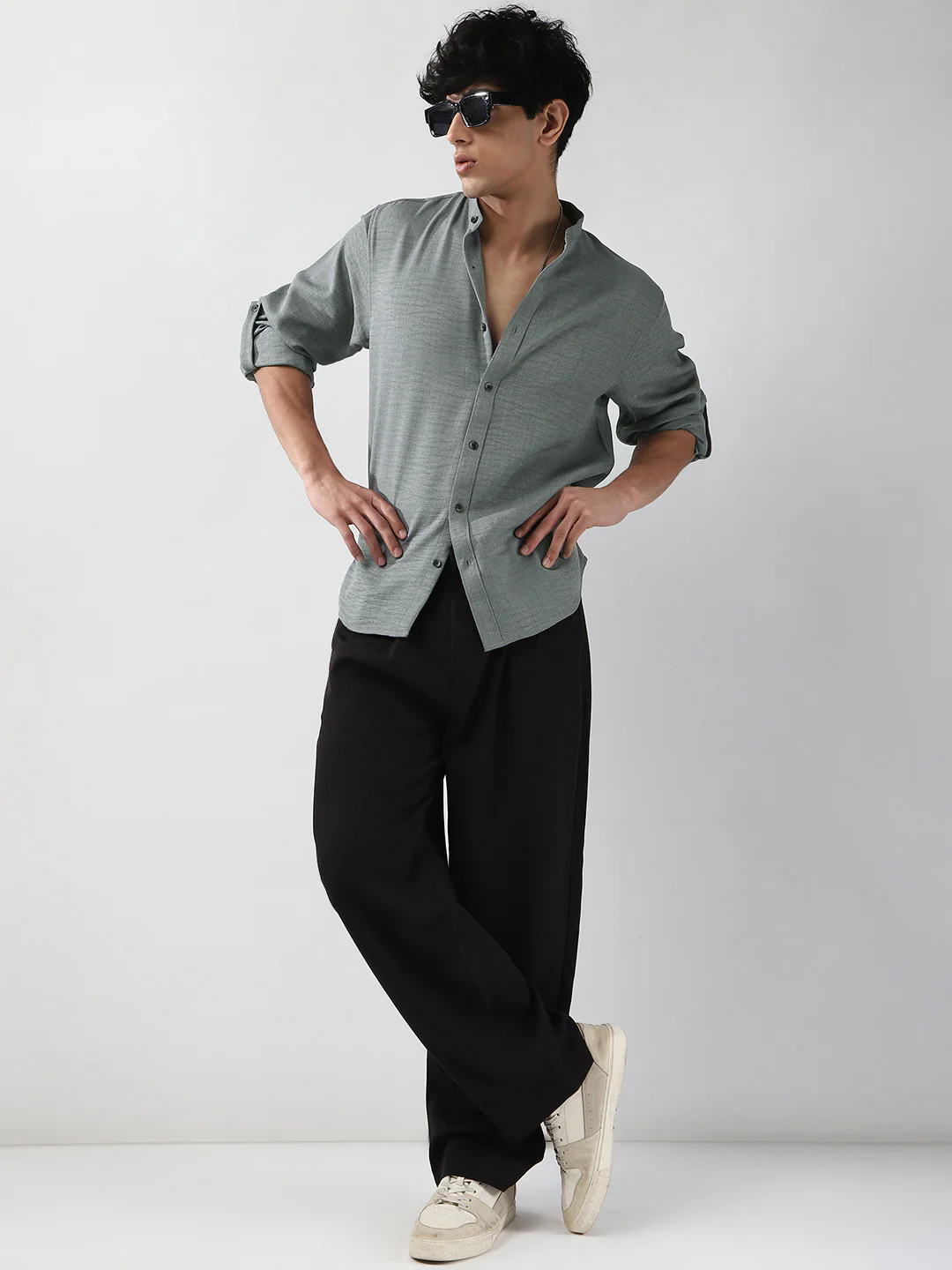 Men's Metallic Blue Linen Blend Full Sleeve Relaxed Fit Mandarin Collar Casual Solid Shirt - Image 4