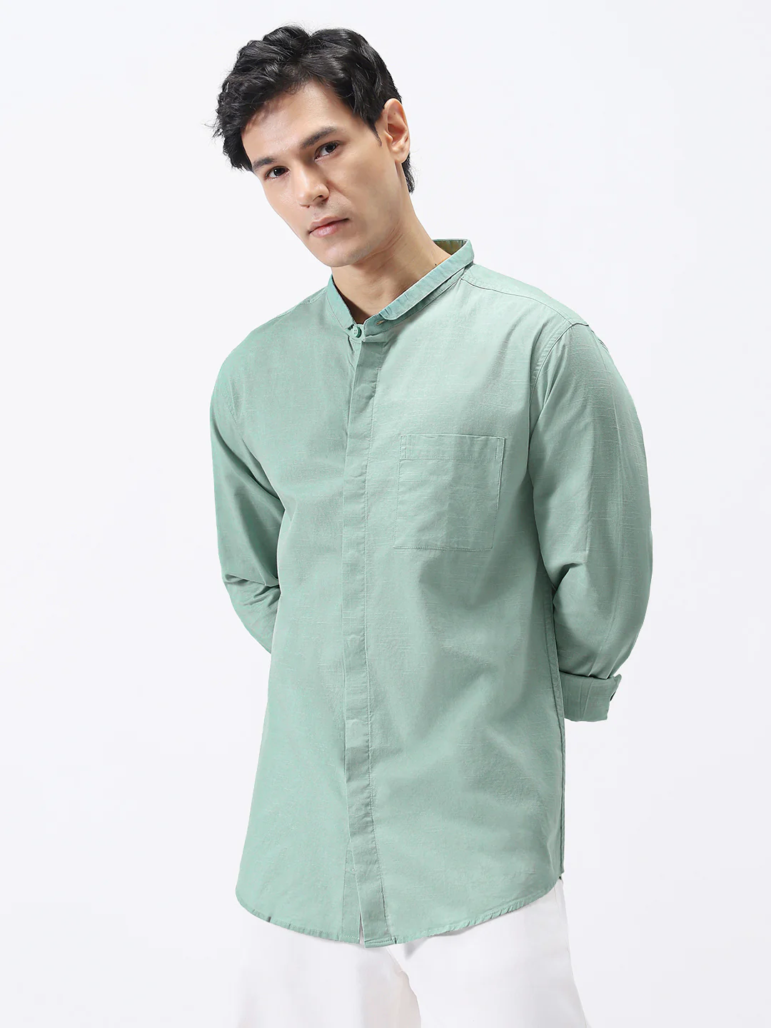 Men's Mint Cotton Full Sleeve Regular Fit Casual Solid Shirt with Band Collar - Image 2