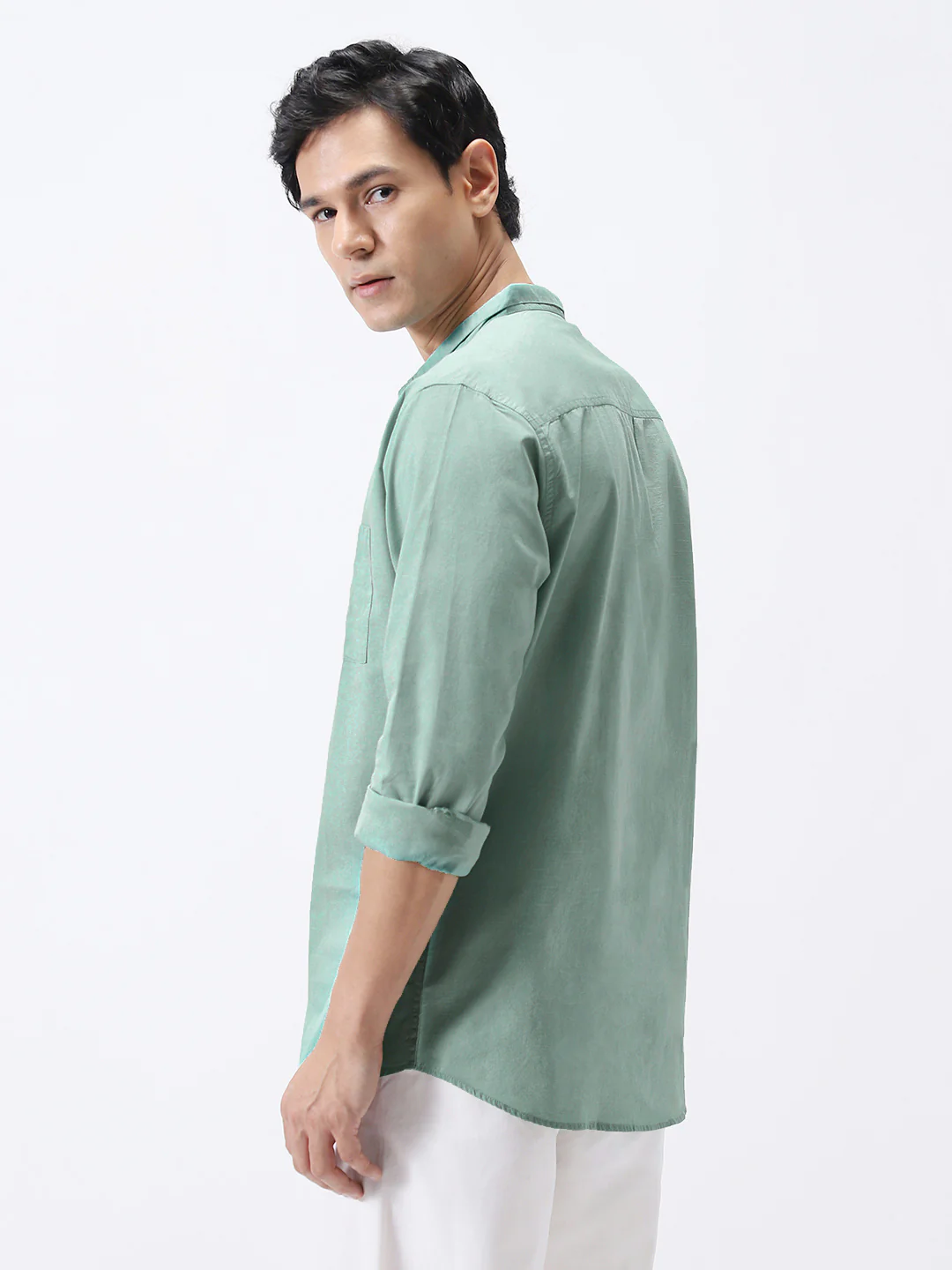 Men's Mint Cotton Full Sleeve Regular Fit Casual Solid Shirt with Band Collar - Image 3