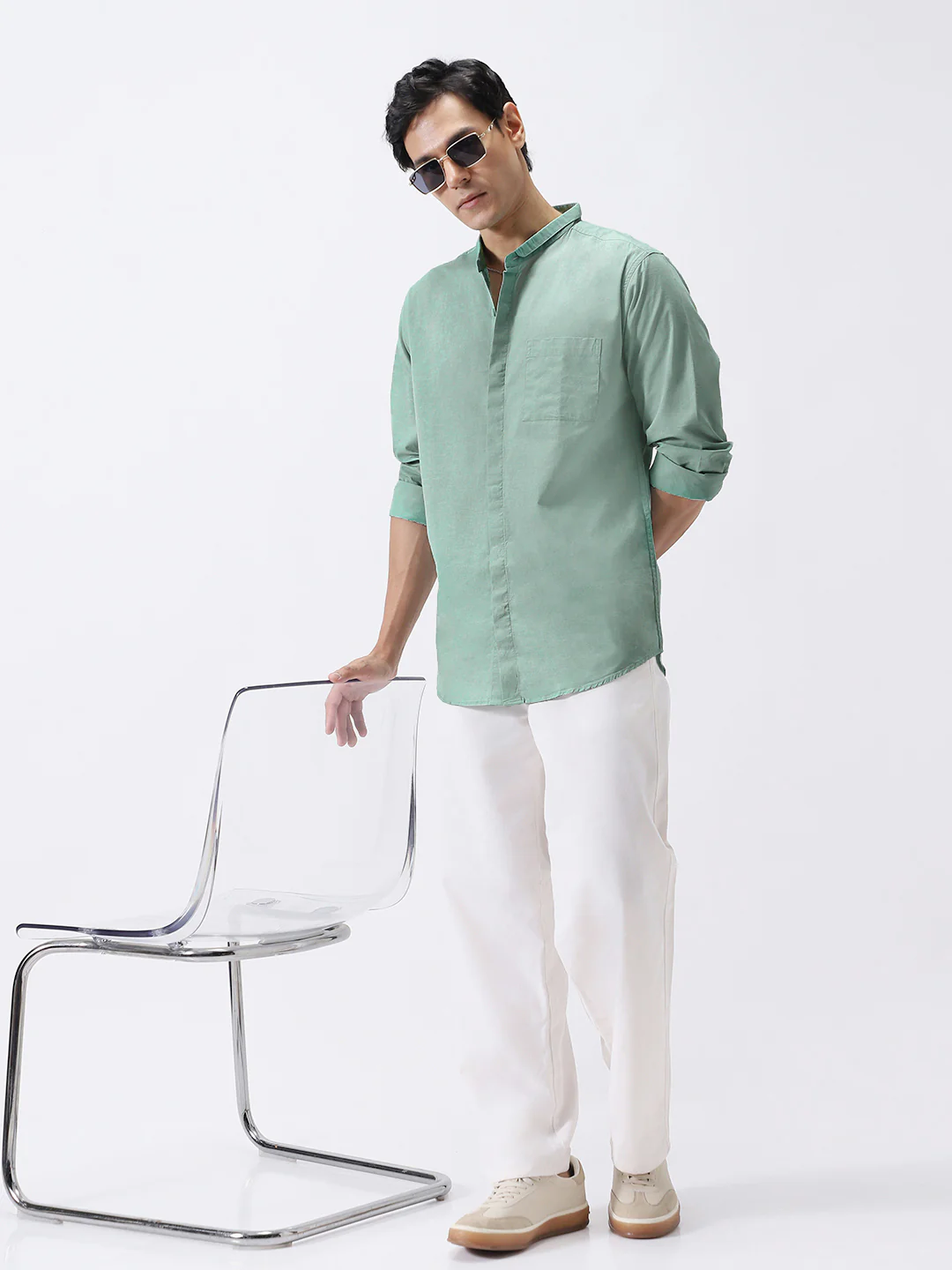 Men's Mint Cotton Full Sleeve Regular Fit Casual Solid Shirt with Band Collar - Image 4