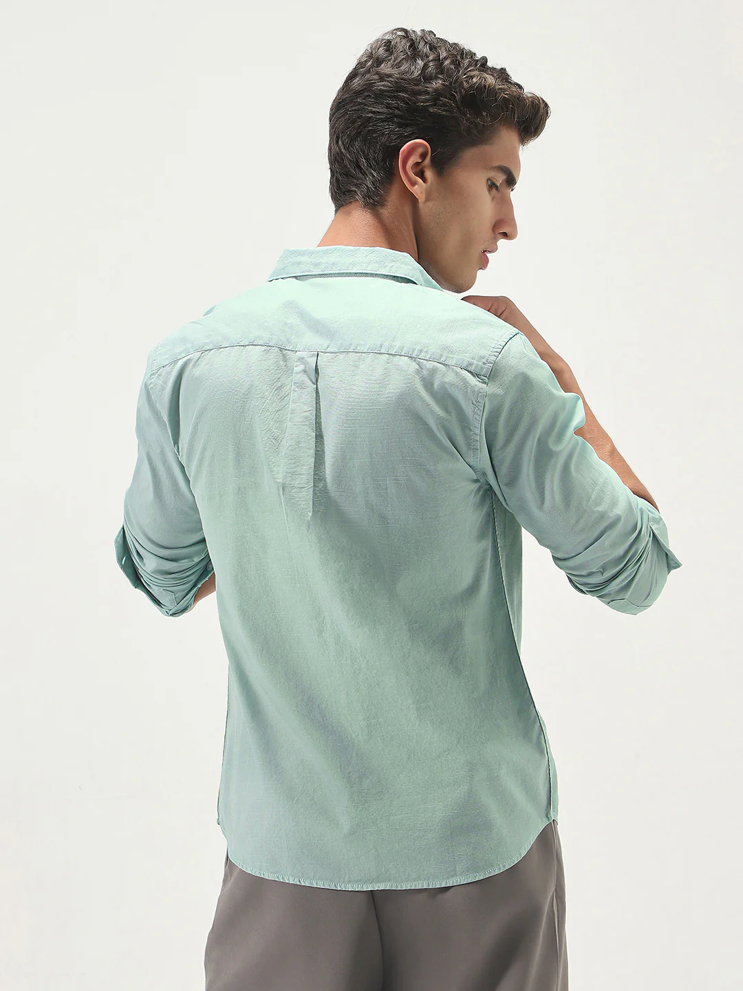 Men's Mint Cotton Full Sleeve Regular Fit Casual Solid Slub Shirt with Spread Collar - Image 3