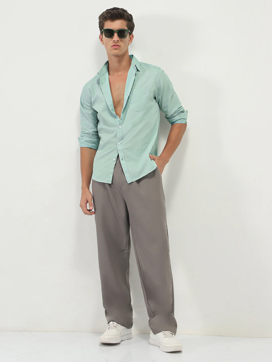 Men's Mint Cotton Full Sleeve Regular Fit Casual Solid Slub Shirt with Spread Collar - Image 4