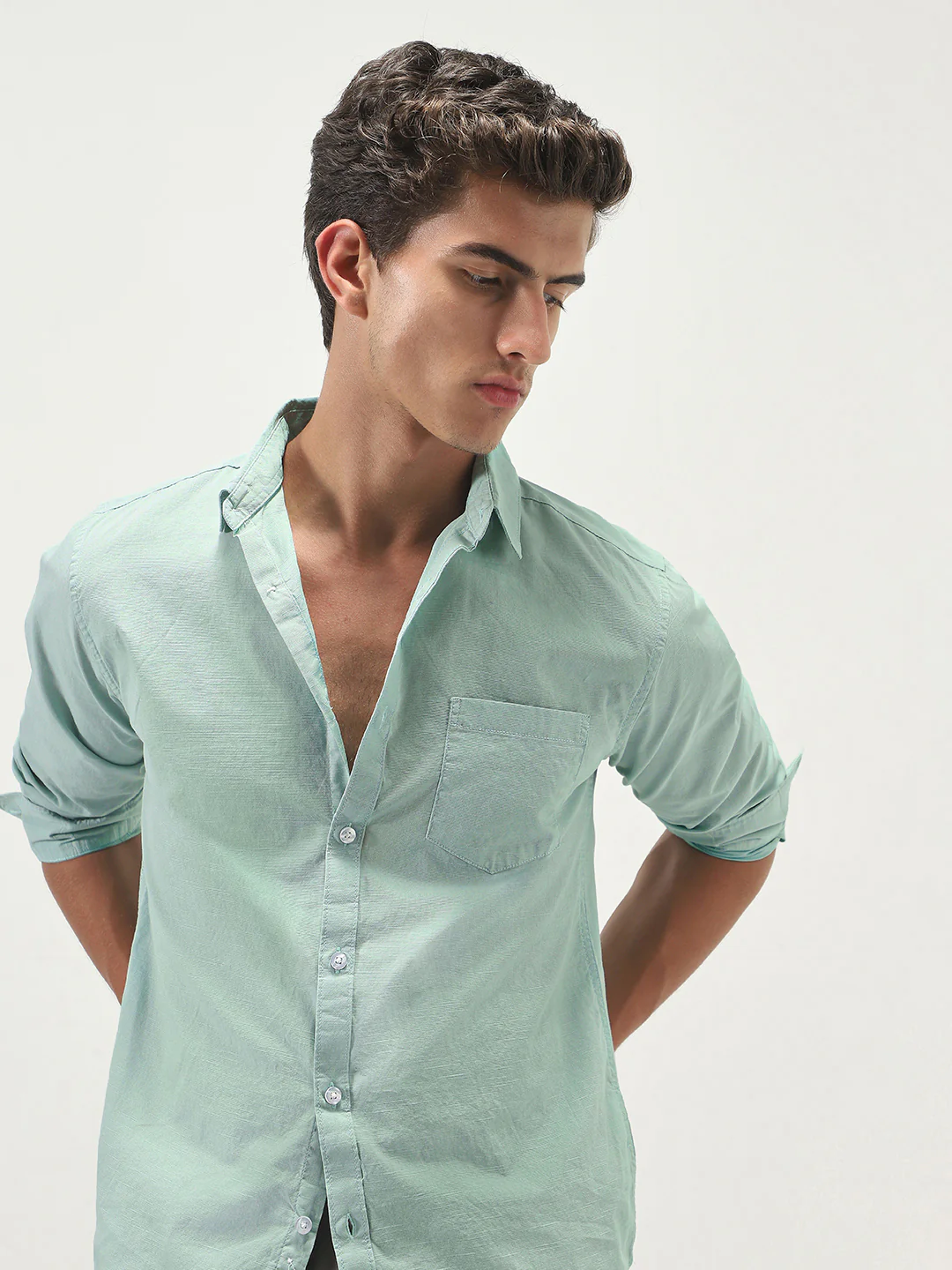 Men's Mint Cotton Full Sleeve Regular Fit Casual Solid Slub Shirt with Spread Collar - Image 5