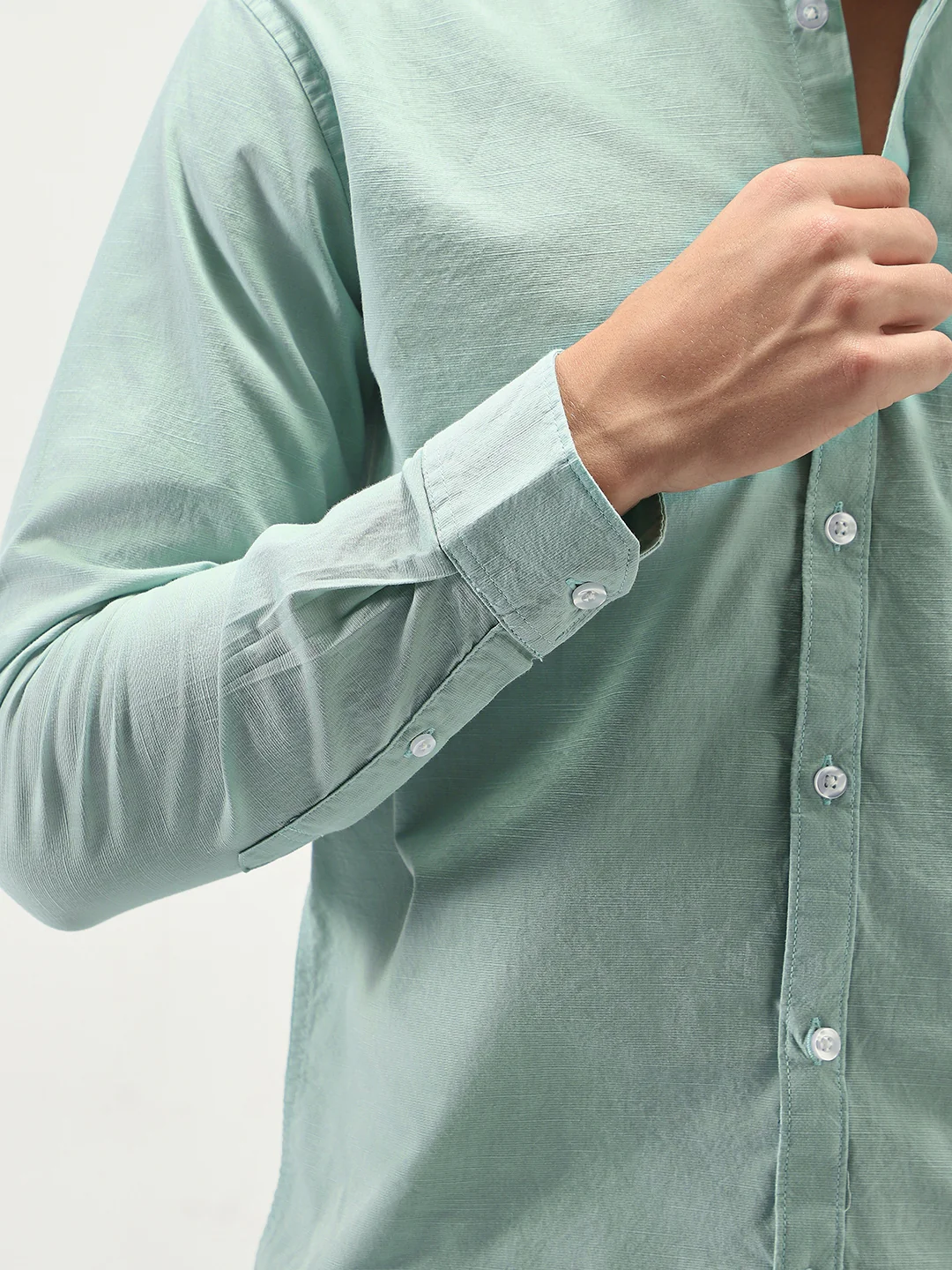 Men's Mint Cotton Full Sleeve Regular Fit Casual Solid Slub Shirt with Spread Collar - Image 6