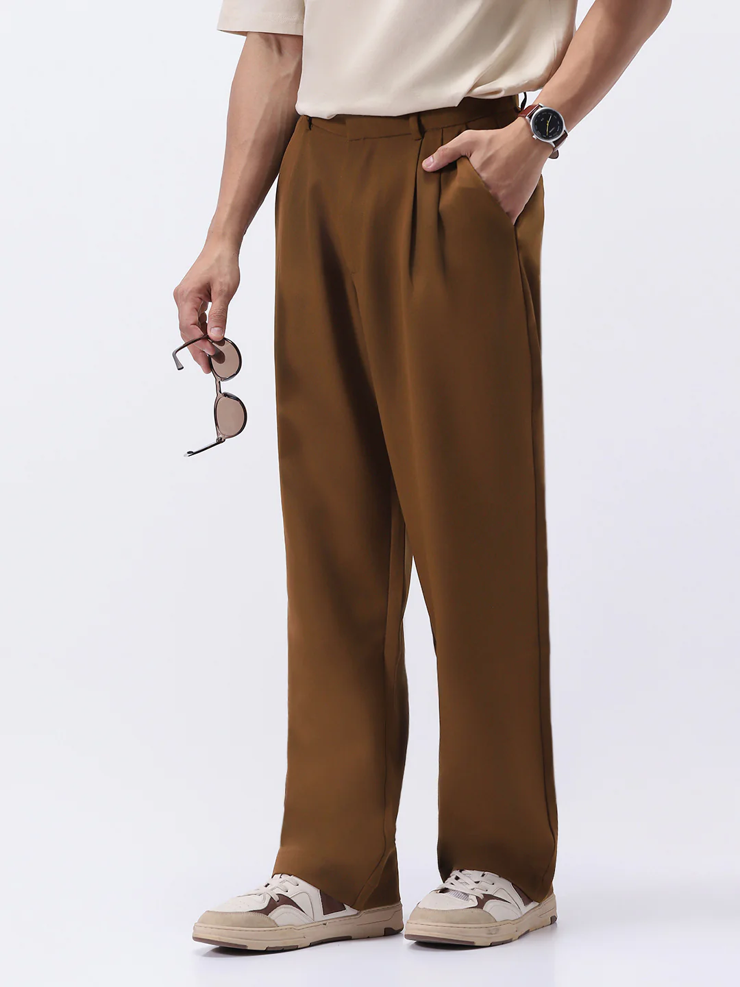 Men's Mocha Brown Loose Baggy Fit Solid Korean Pants Stretchable - Image 2