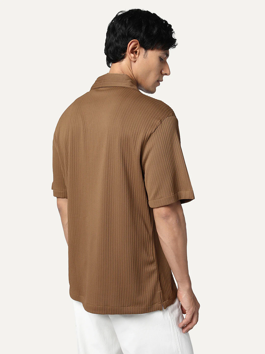 Men's Mocha Cotton Half Sleeve Oversized Fit Textured Shirt with Cuban Collar - Image 3