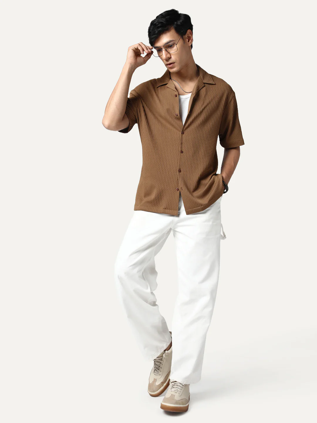Men's Mocha Cotton Half Sleeve Oversized Fit Textured Shirt with Cuban Collar - Image 4