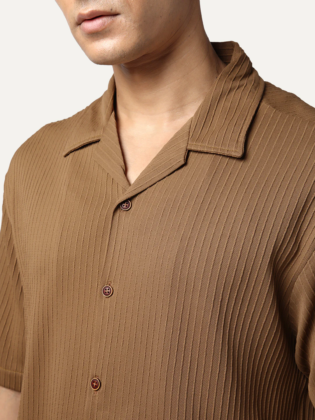 Men's Mocha Cotton Half Sleeve Oversized Fit Textured Shirt with Cuban Collar - Image 5