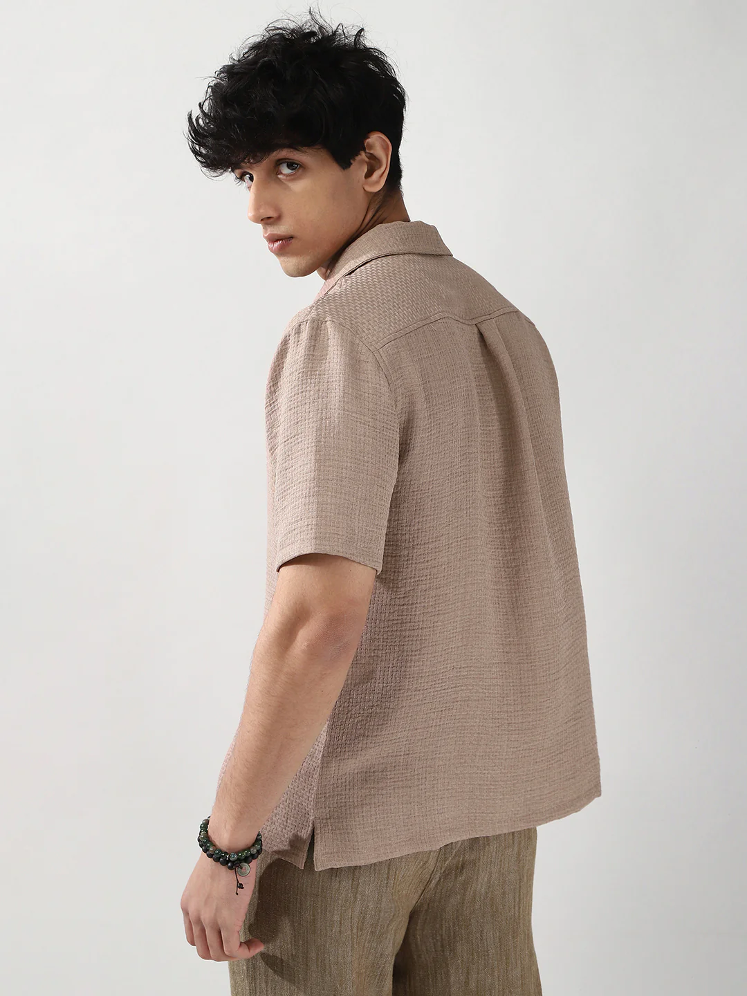 Men's Mocha Mousse Cotton Half Sleeve Oversized Fit Textured Shirt with Cuban Collar - Image 3