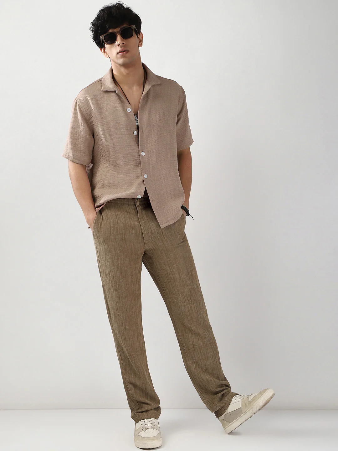 Men's Mocha Mousse Cotton Half Sleeve Oversized Fit Textured Shirt with Cuban Collar - Image 4
