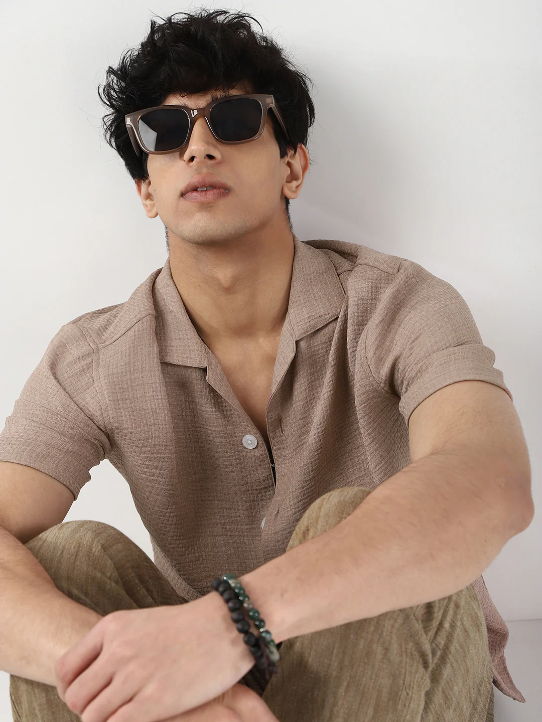 Men's Mocha Mousse Cotton Half Sleeve Oversized Fit Textured Shirt with Cuban Collar - Image 5