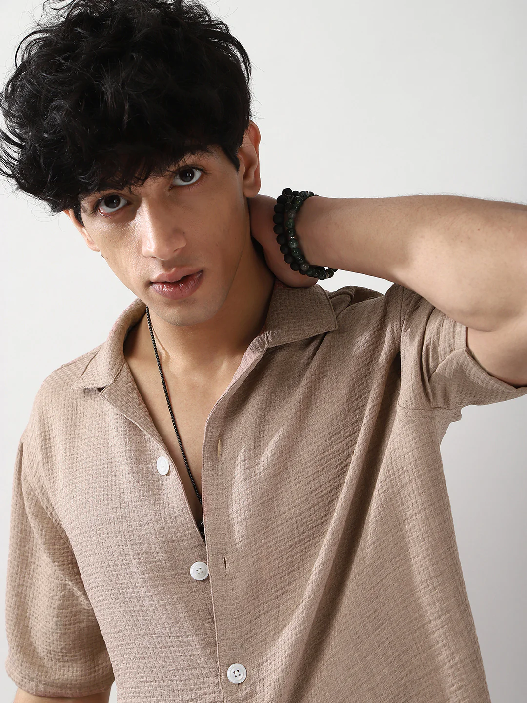 Men's Mocha Mousse Cotton Half Sleeve Oversized Fit Textured Shirt with Cuban Collar - Image 6