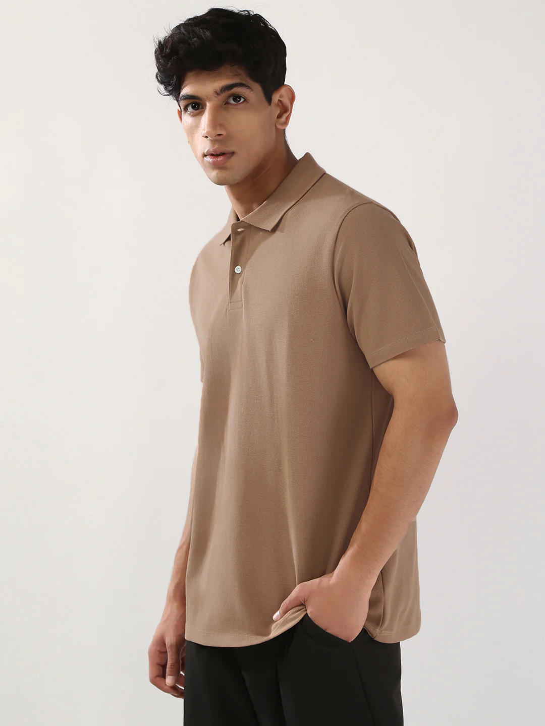 Men's Mocha Mousse Solid Regular Fit Half Sleeve Cotton Polo T-Shirt - Image 2