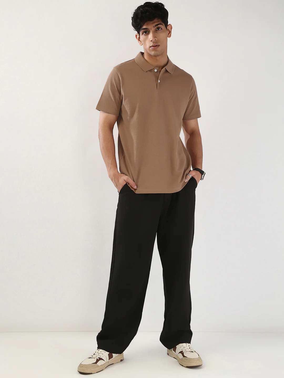 Men's Mocha Mousse Solid Regular Fit Half Sleeve Cotton Polo T-Shirt - Image 4