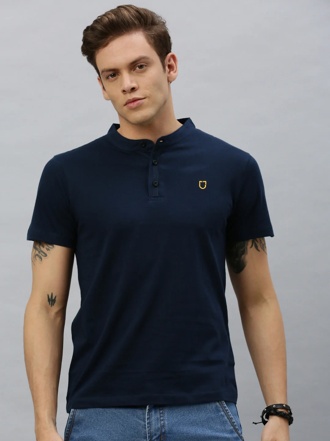 Men's Multicolor Solid Mandarin Collar Slim Fit Cotton T-Shirt Pack of 3 - Image 4