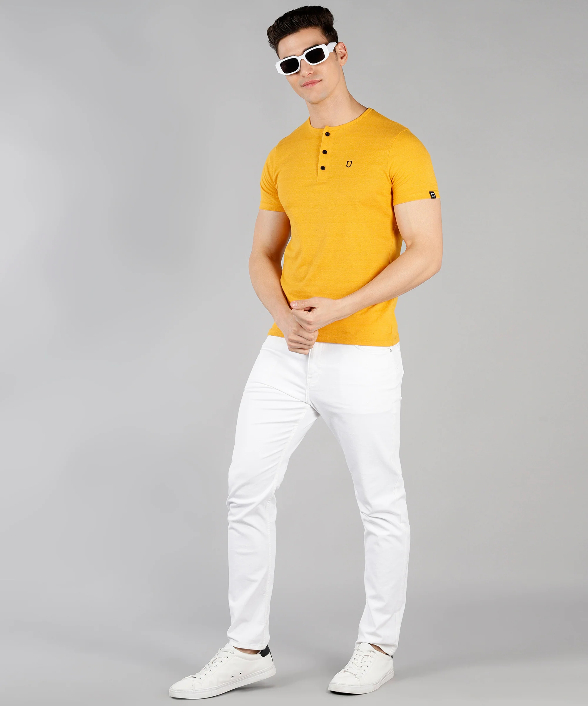 Men's Mustard Melange Solid Henley Neck Slim Fit Cotton T-Shirt - Image 2