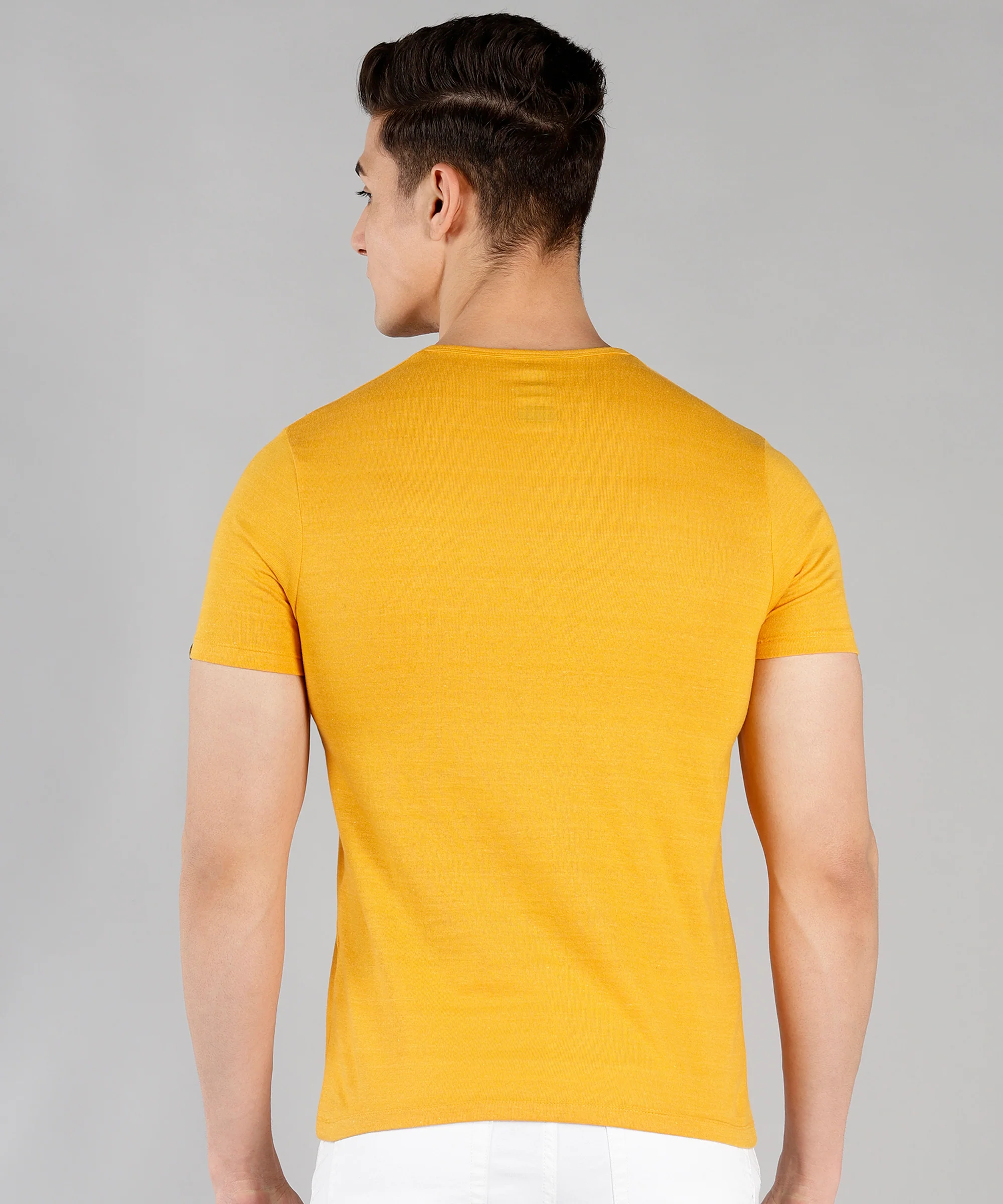 Men's Mustard Melange Solid Henley Neck Slim Fit Cotton T-Shirt - Image 3