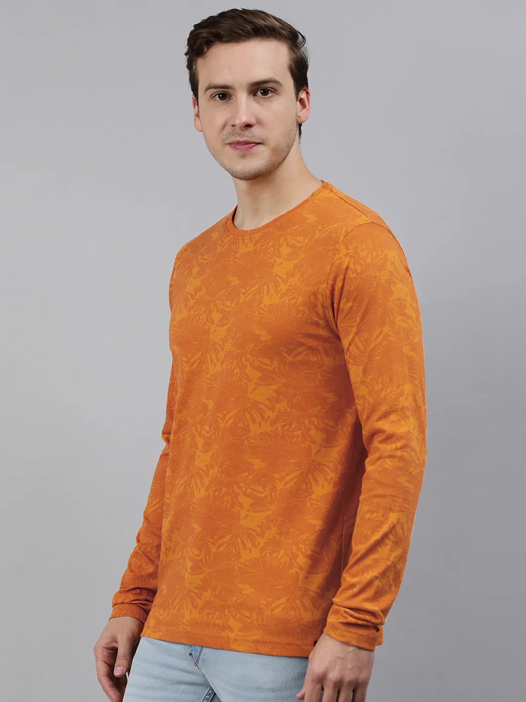 Men's Mustard Printed Full Sleeve Slim Fit Cotton T-Shirt - Image 3