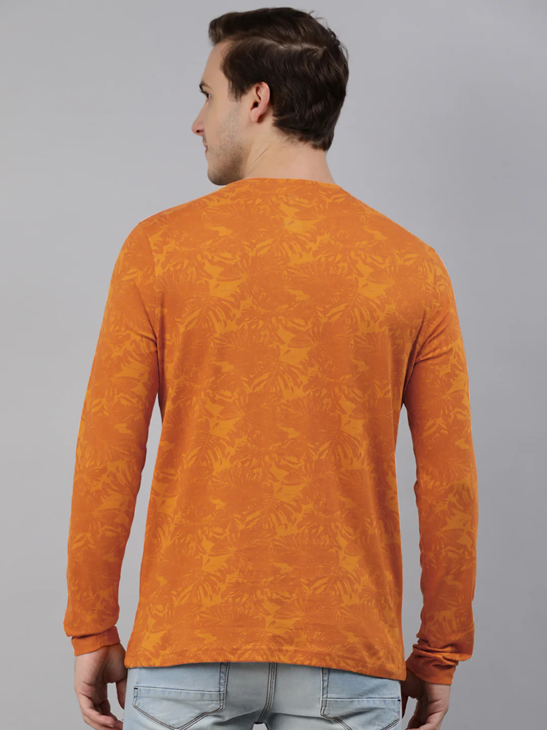 Men's Mustard Printed Full Sleeve Slim Fit Cotton T-Shirt - Image 4
