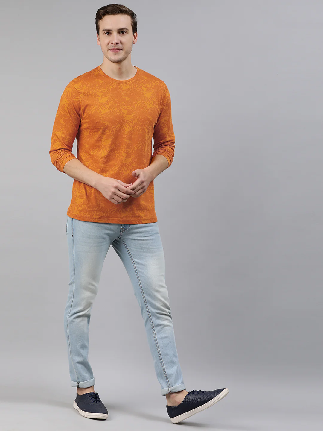Men's Mustard Printed Full Sleeve Slim Fit Cotton T-Shirt - Image 5