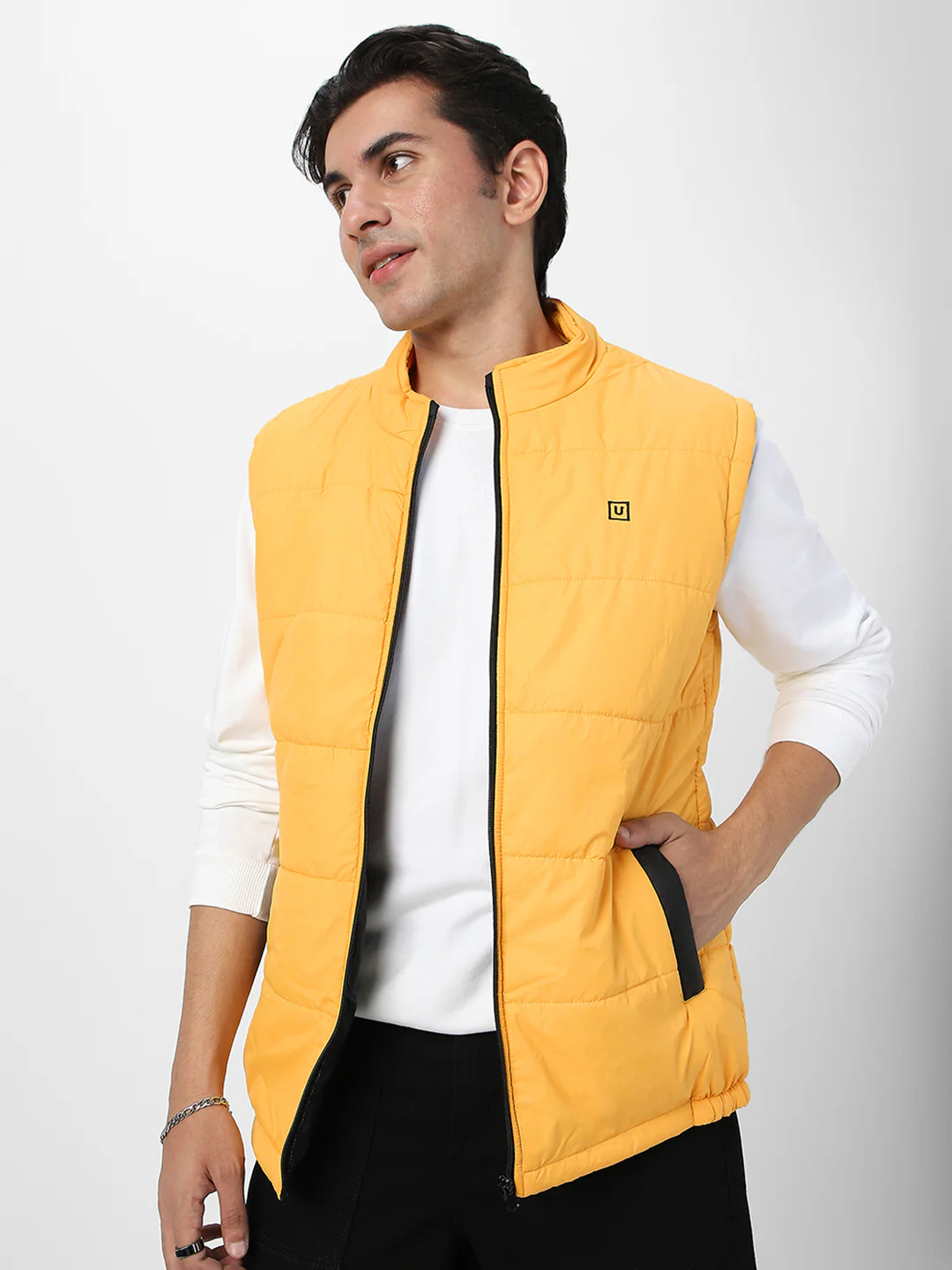 Men's Mustard Sleeveless Zippered Puffer Jacket - Image 2