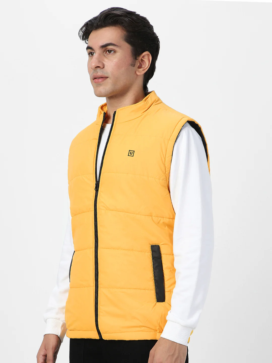 Men's Mustard Sleeveless Zippered Puffer Jacket - Image 3