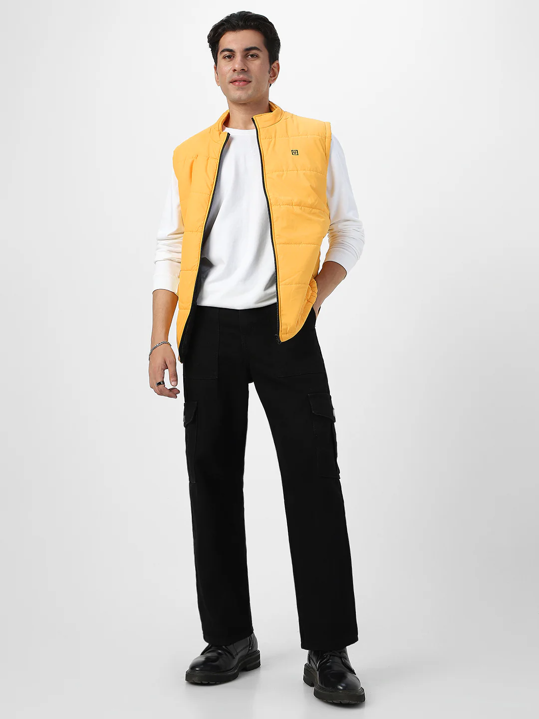 Men's Mustard Sleeveless Zippered Puffer Jacket - Image 5