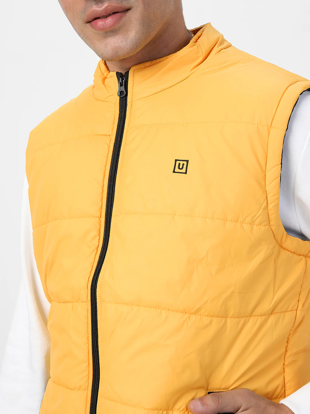 Men's Mustard Sleeveless Zippered Puffer Jacket - Image 6