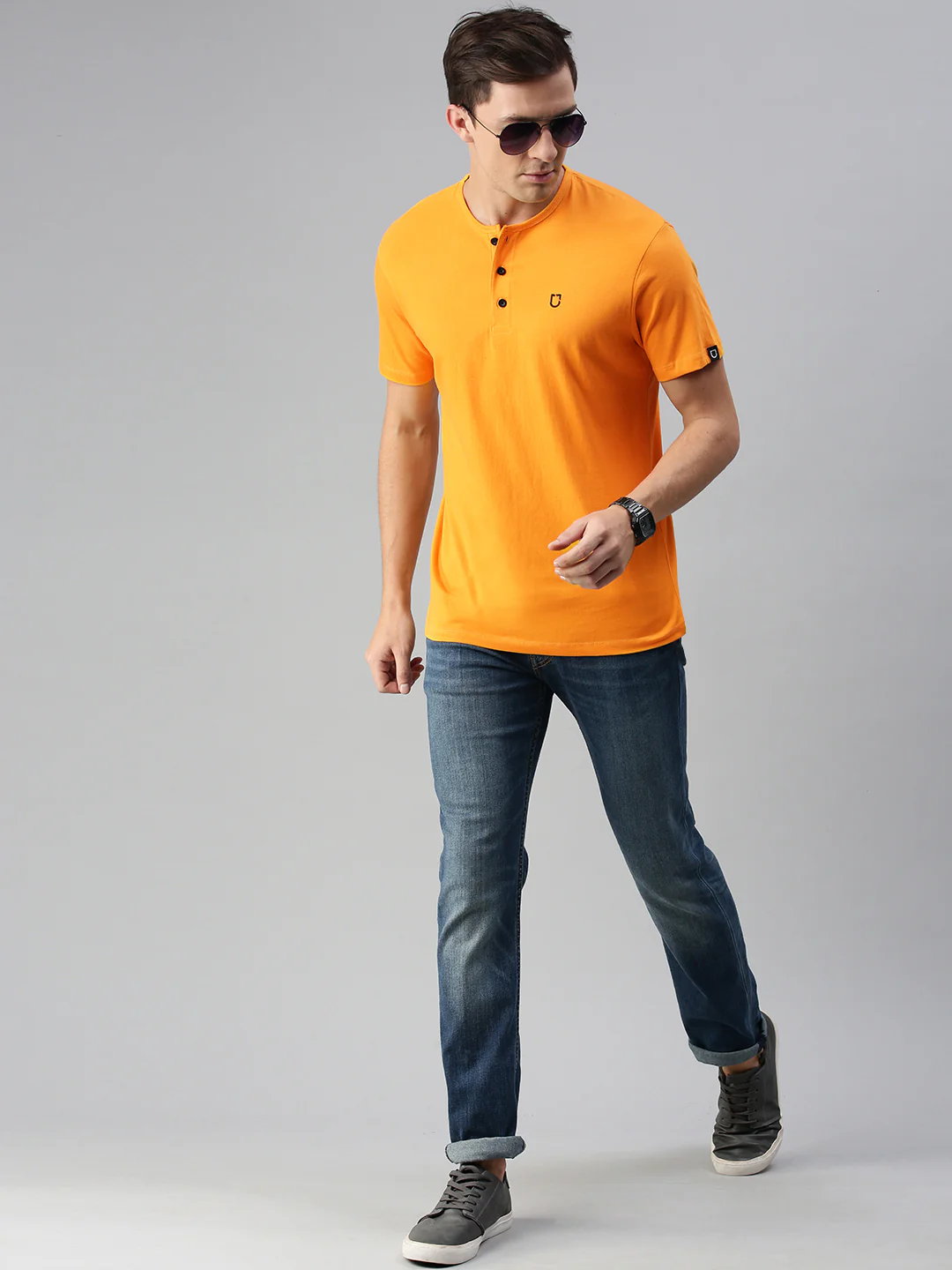 Men's Mustard Solid Henley Neck Slim Fit Cotton T-Shirt - Image 3