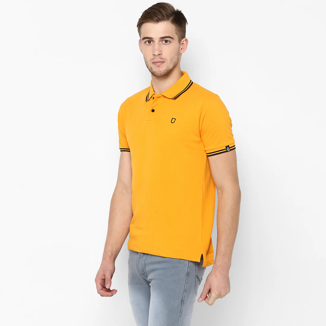 Men's Mustard Solid Mandarin Collar Slim Fit Cotton Polo T-Shirt - Image 2