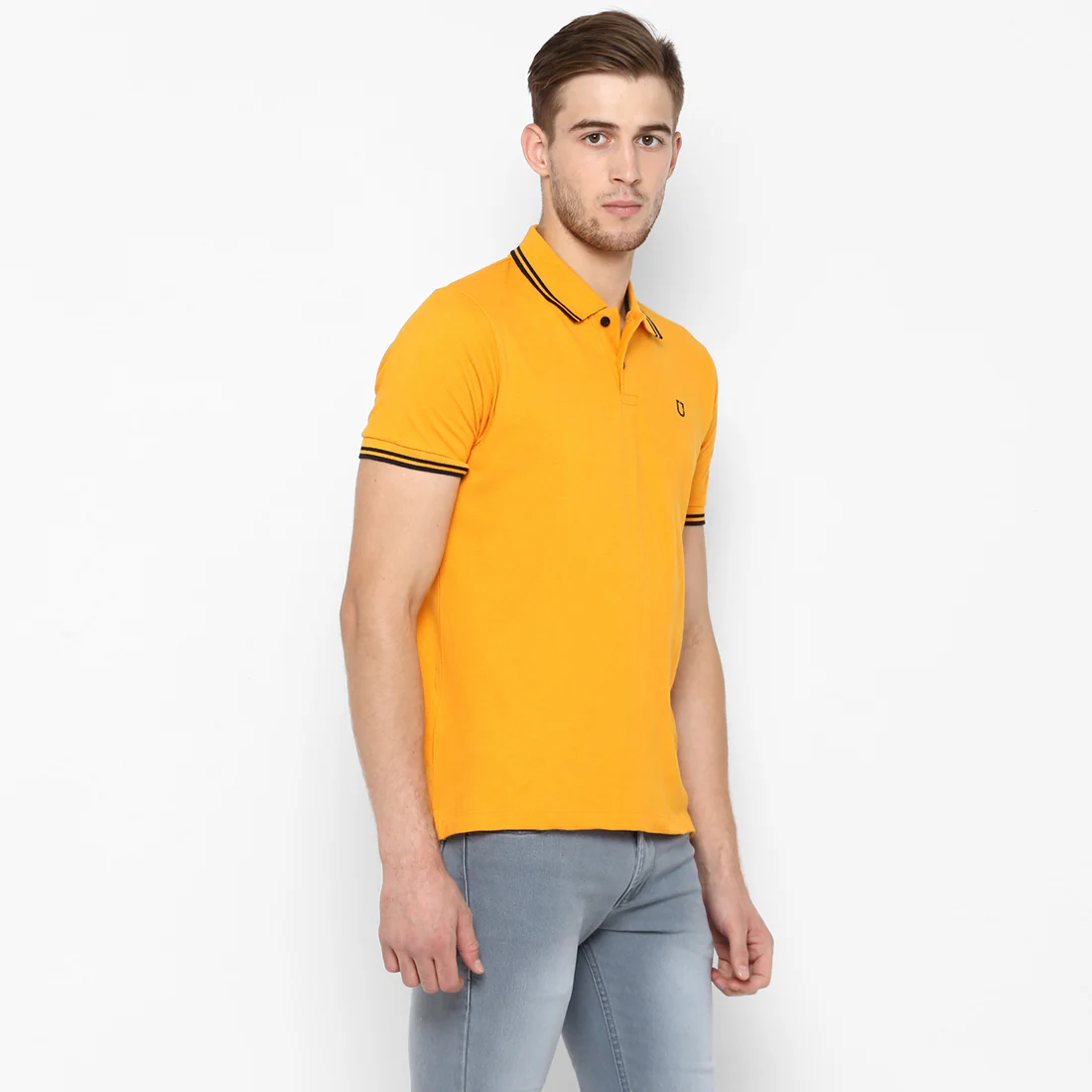 Men's Mustard Solid Mandarin Collar Slim Fit Cotton Polo T-Shirt - Image 3
