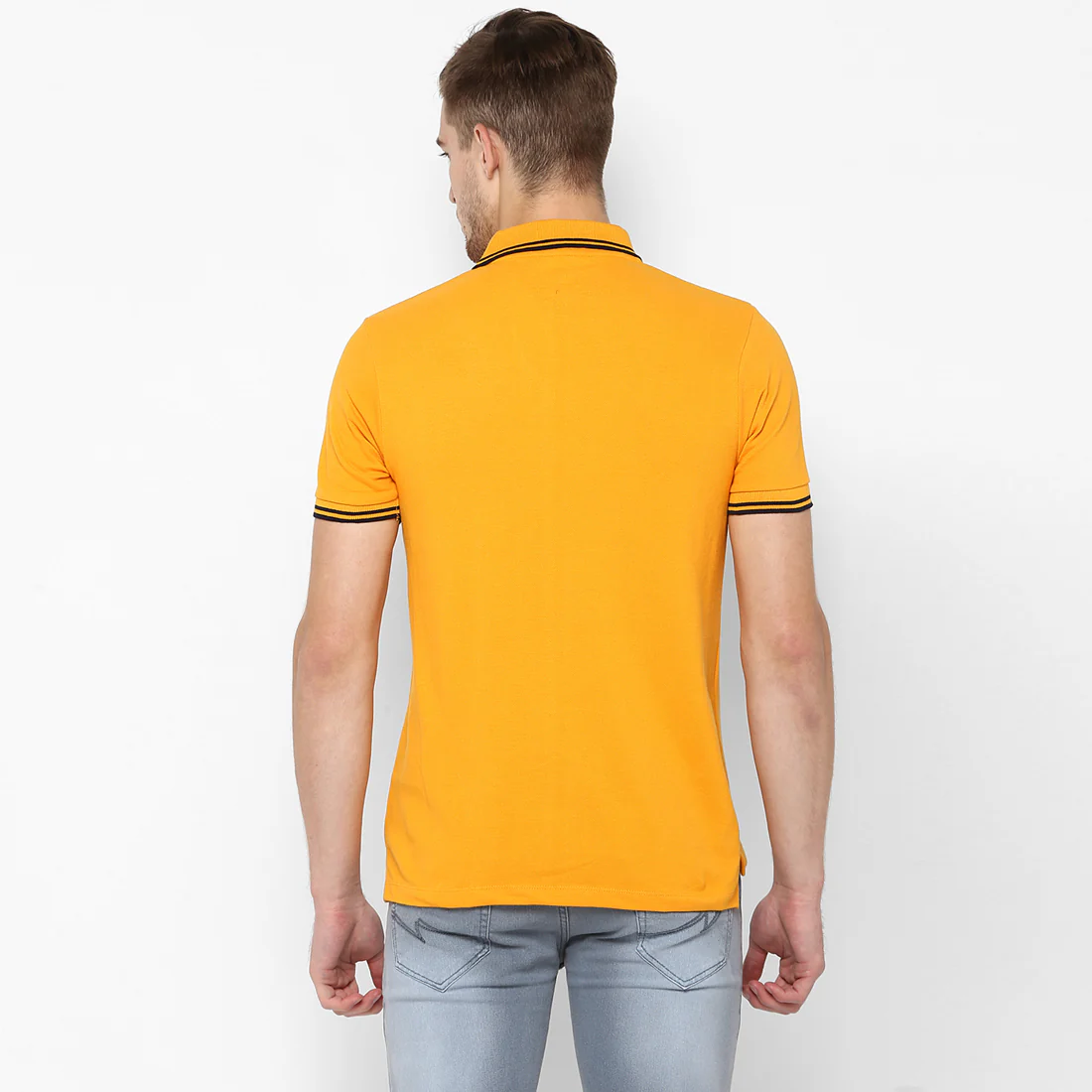 Men's Mustard Solid Mandarin Collar Slim Fit Cotton Polo T-Shirt - Image 4