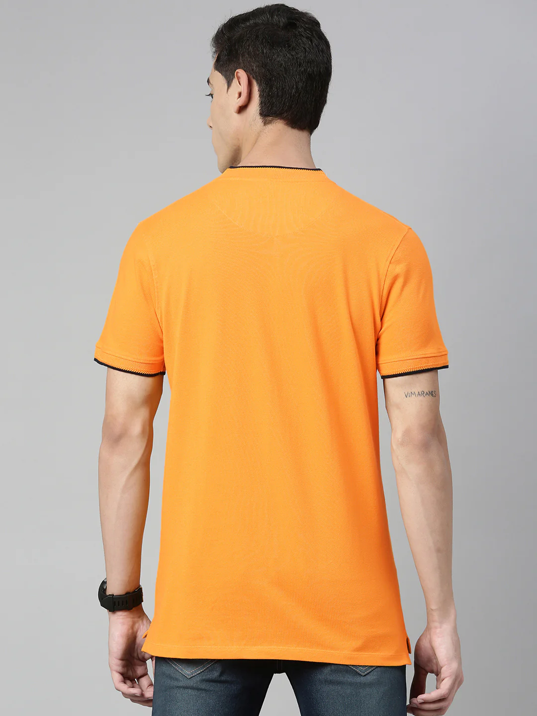 Men's Mustard Solid Mandarin Collar Slim Fit Cotton Polo T-Shirt - Image 2