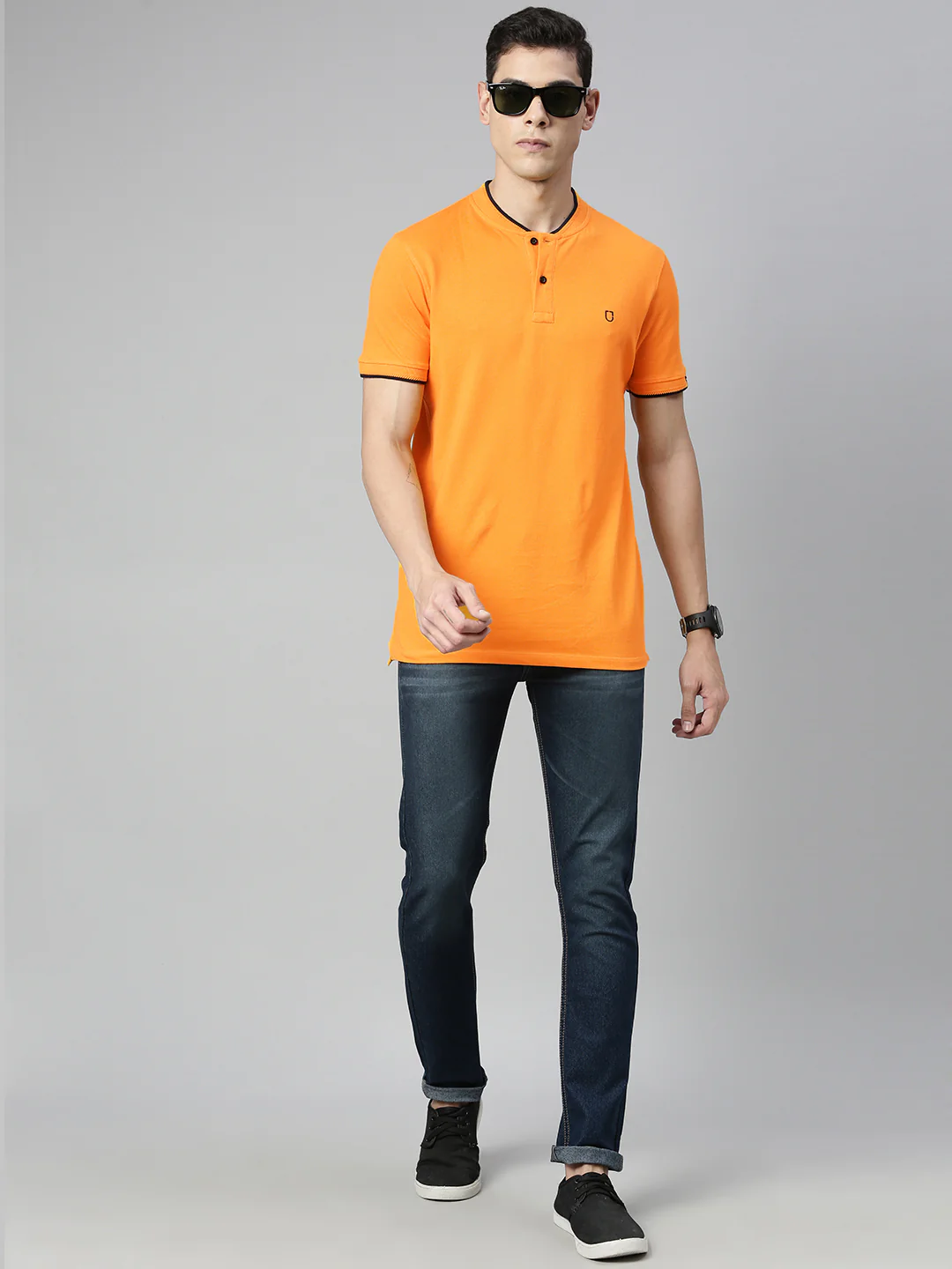 Men's Mustard Solid Mandarin Collar Slim Fit Cotton Polo T-Shirt - Image 3