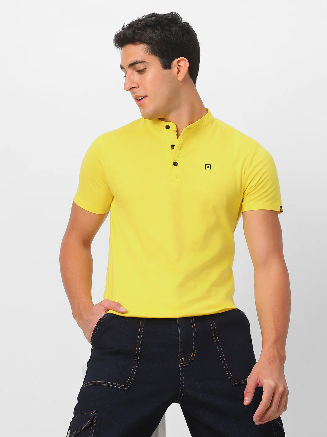 Men's Mustard Solid Mandarin Collar Slim Fit Cotton T-Shirt - Image 2