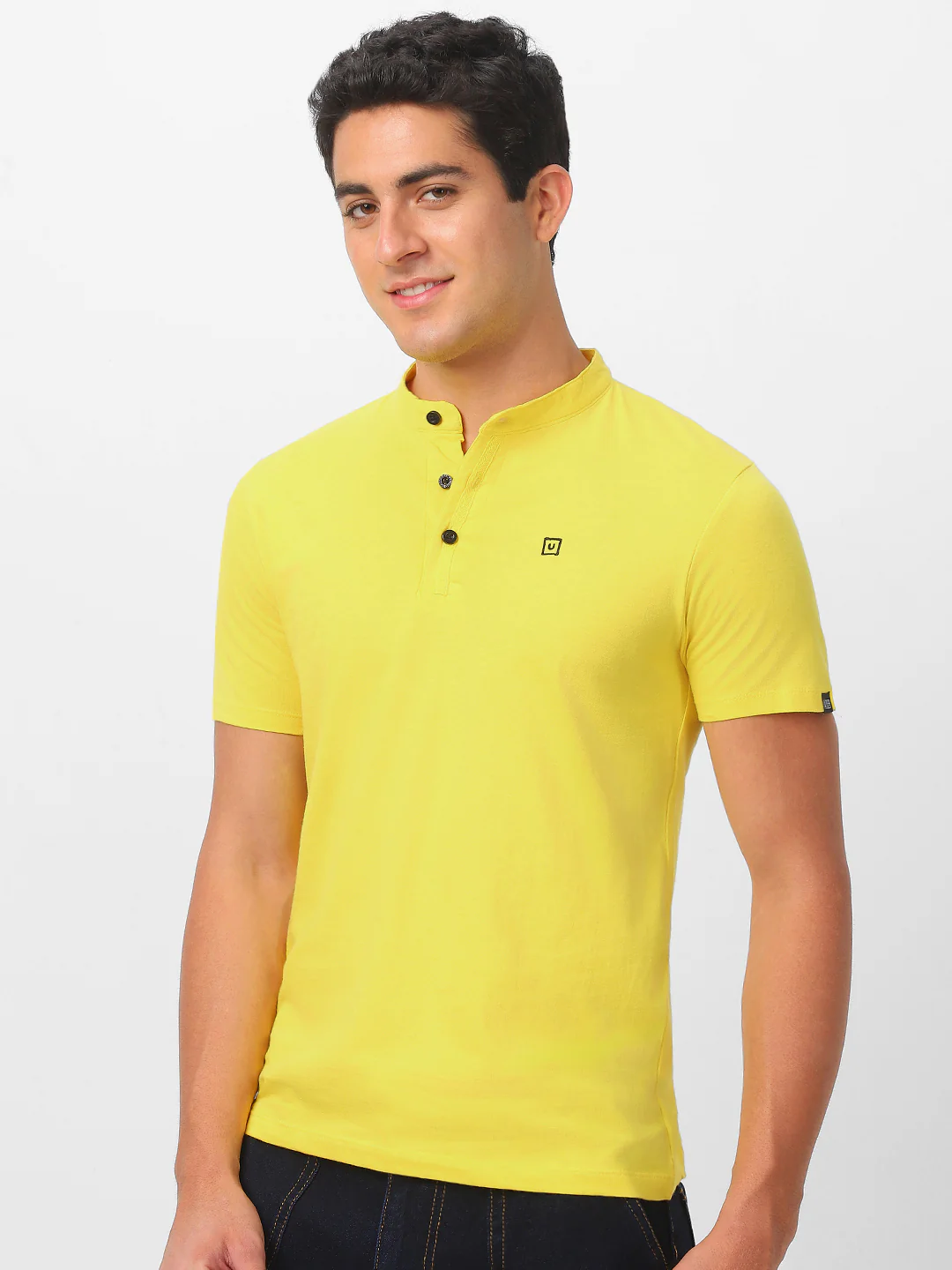 Men's Mustard Solid Mandarin Collar Slim Fit Cotton T-Shirt - Image 3