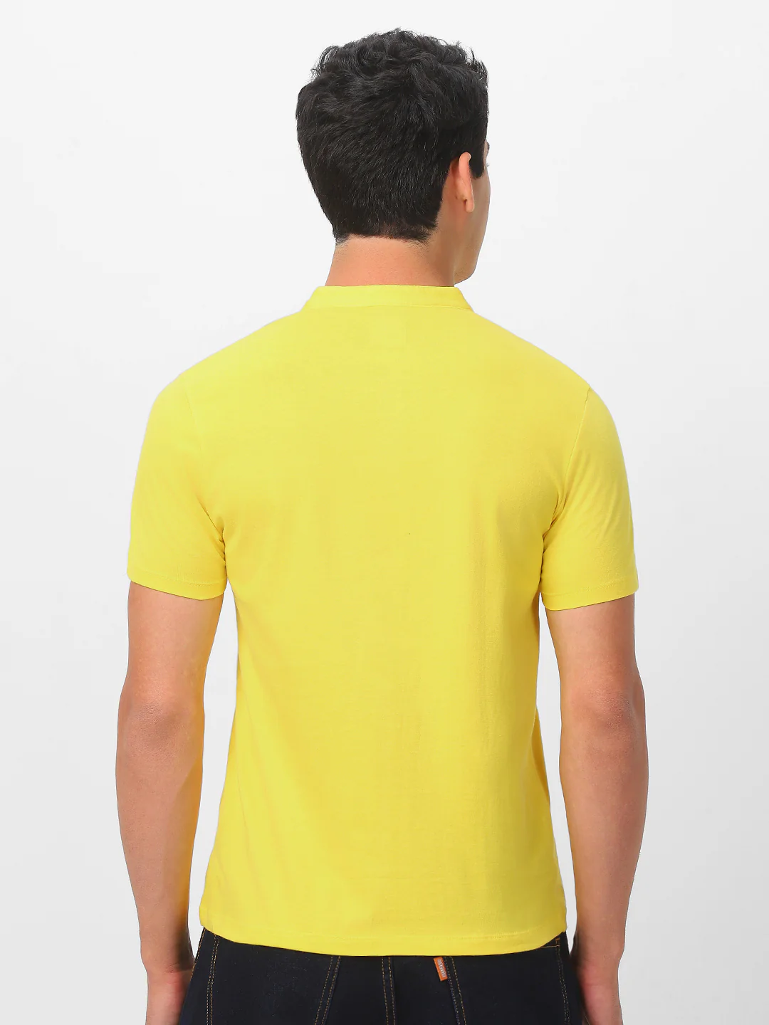 Men's Mustard Solid Mandarin Collar Slim Fit Cotton T-Shirt - Image 4