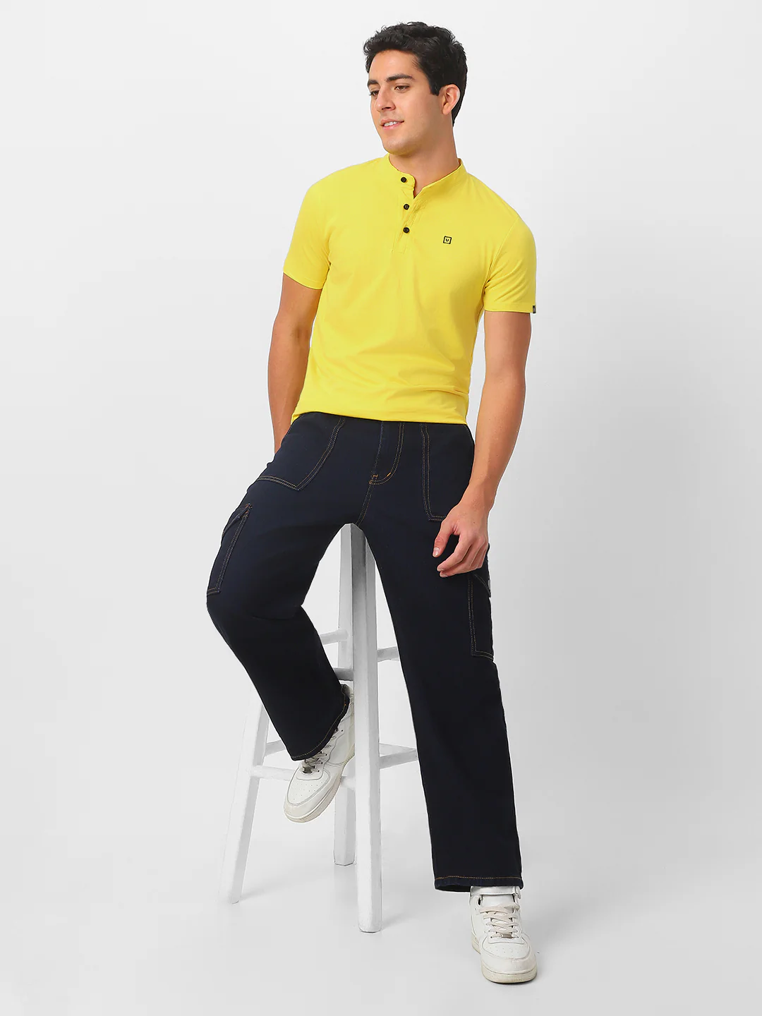 Men's Mustard Solid Mandarin Collar Slim Fit Cotton T-Shirt - Image 5