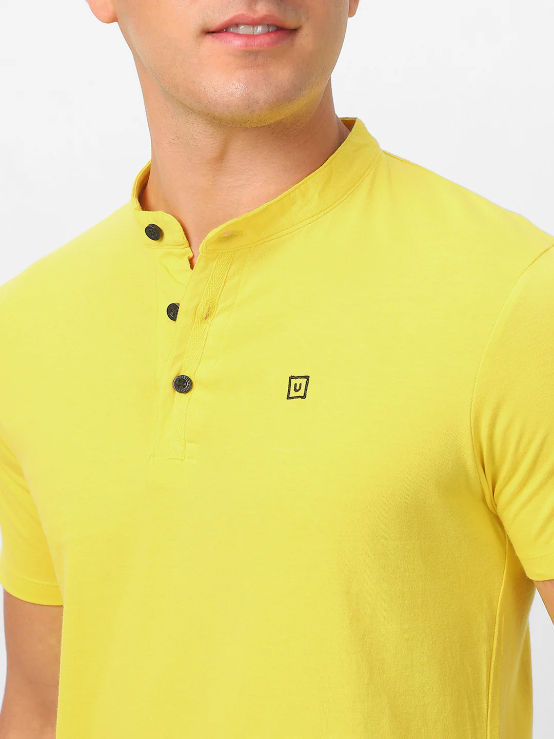Men's Mustard Solid Mandarin Collar Slim Fit Cotton T-Shirt - Image 6
