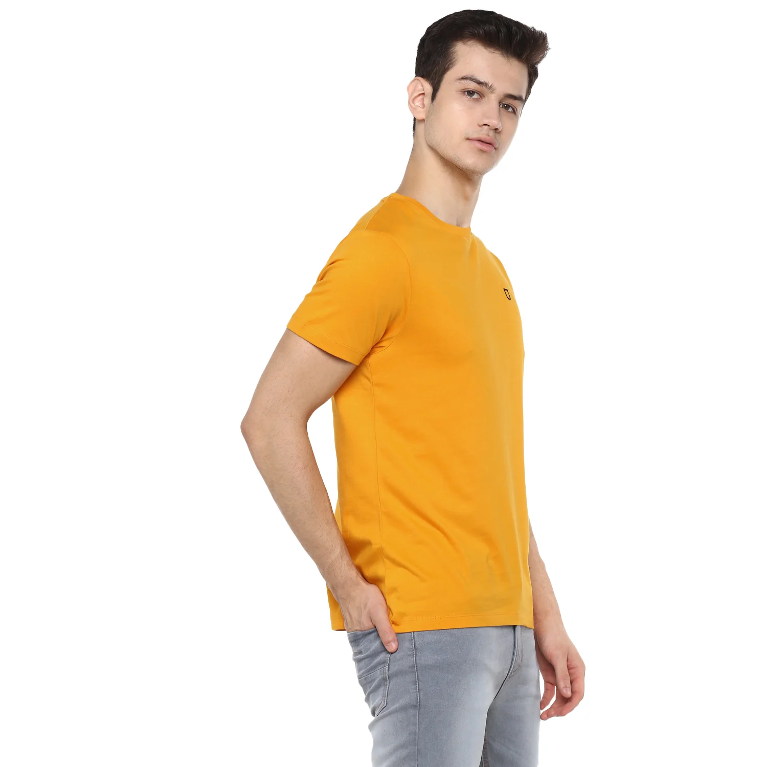 Men's Mustard Solid Slim Fit Round Neck Cotton T-Shirt - Image 2